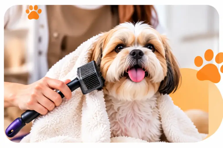 Groomer gently brushing a dog wrapped in a towel